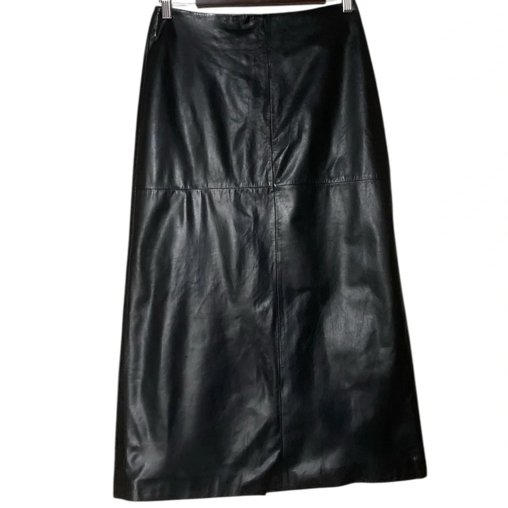 Ann Taylor Long Black Leather Skirt With High Back Slit